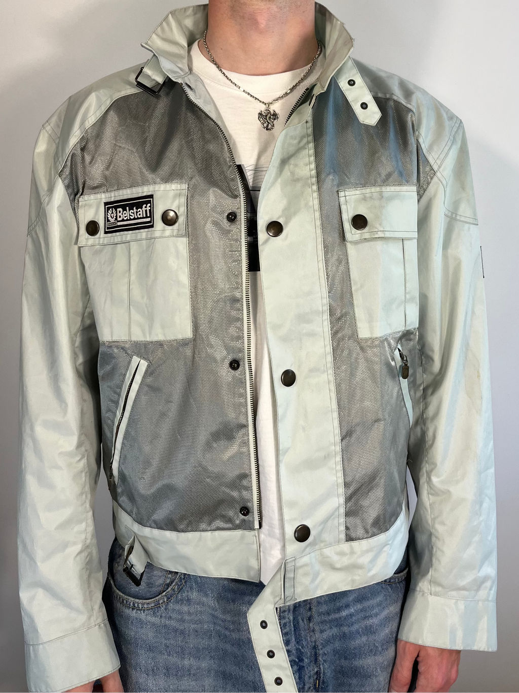 light blue/silver belstaff cropped bikerjacket XL