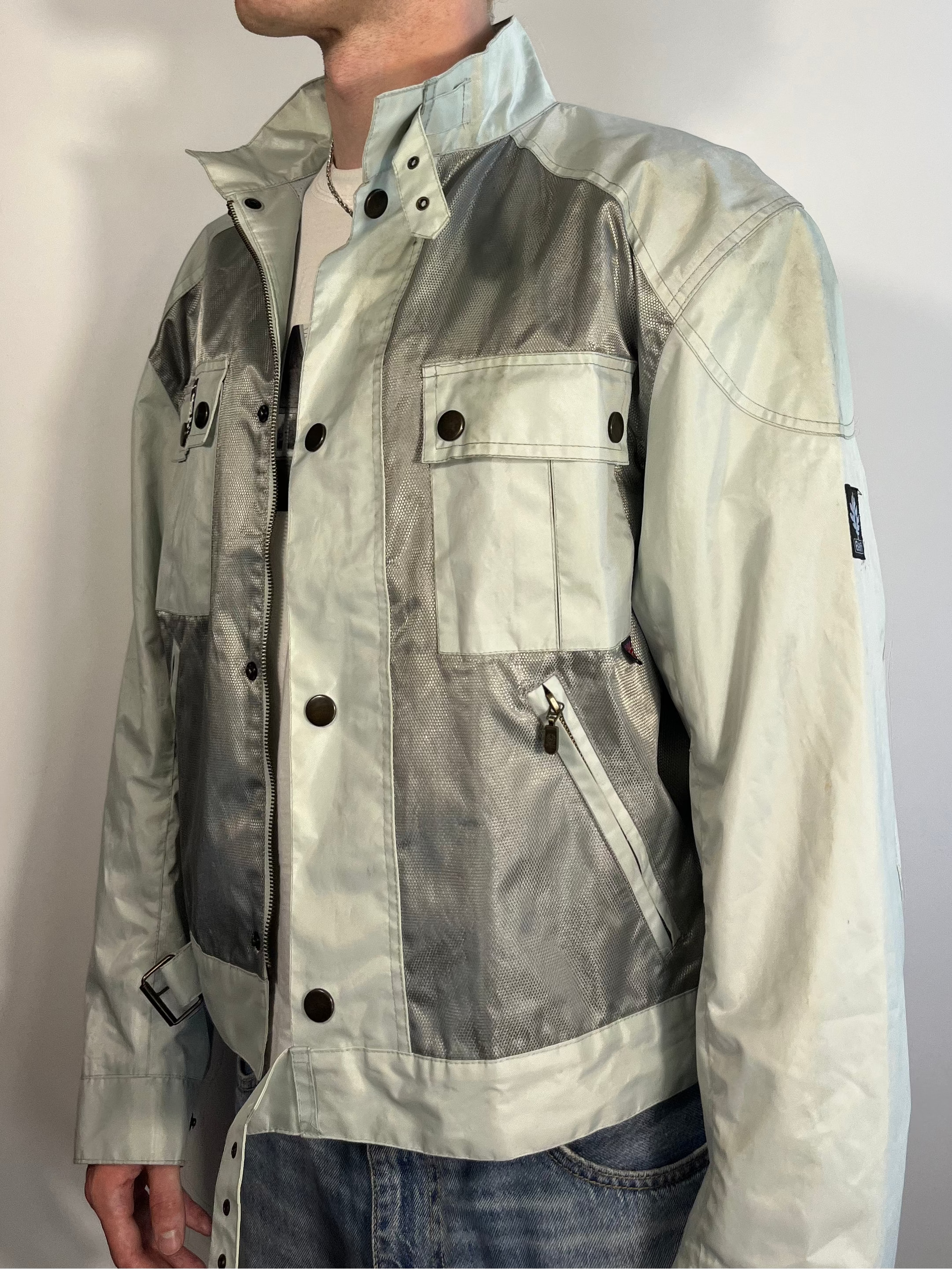 light blue/silver belstaff cropped bikerjacket XL