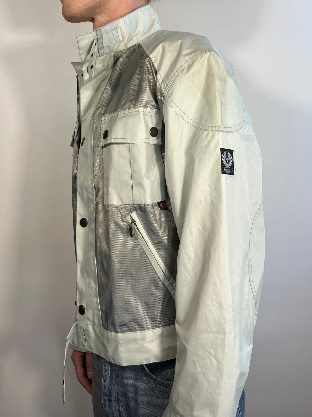light blue/silver belstaff cropped bikerjacket XL