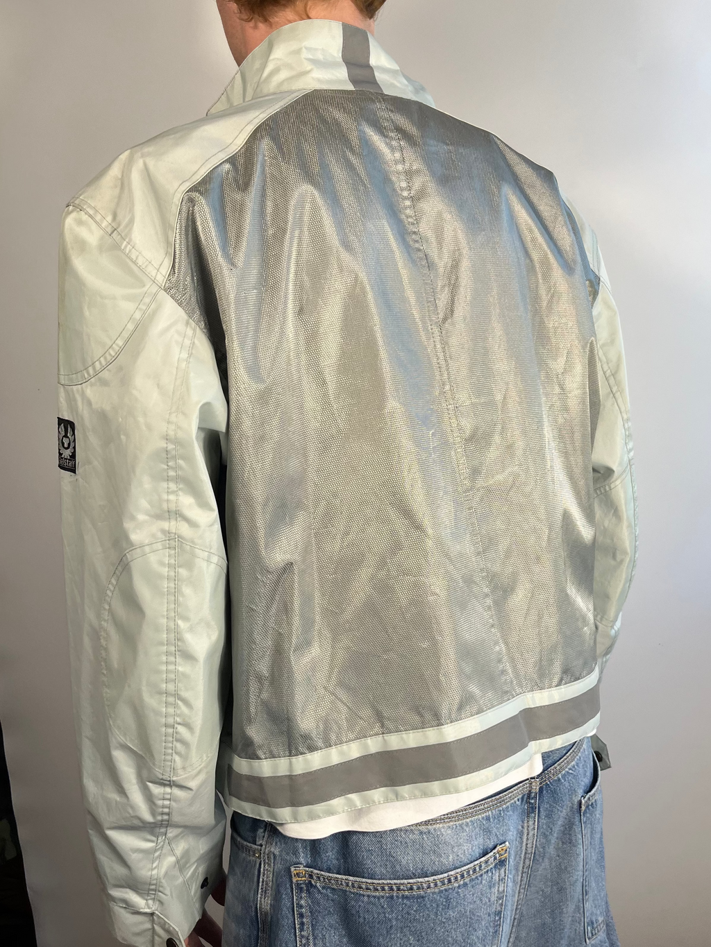light blue/silver belstaff cropped bikerjacket XL