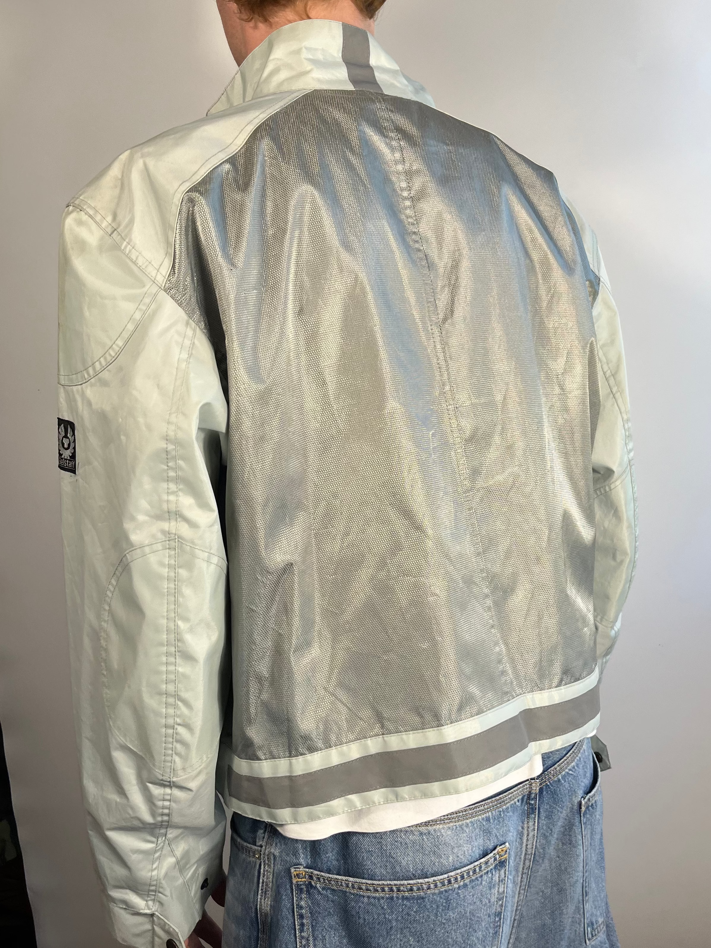 light blue/silver belstaff cropped bikerjacket XL