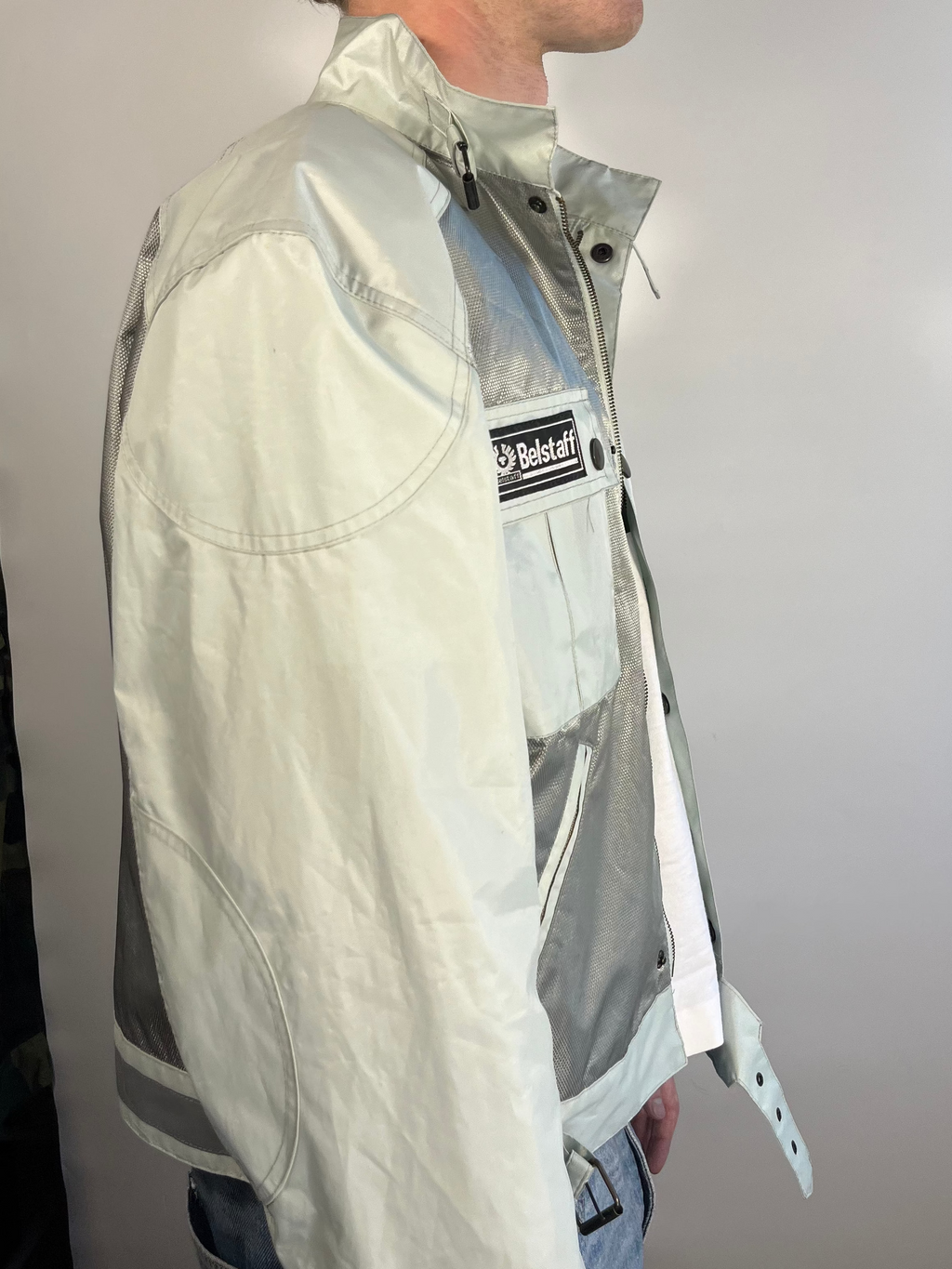 light blue/silver belstaff cropped bikerjacket XL