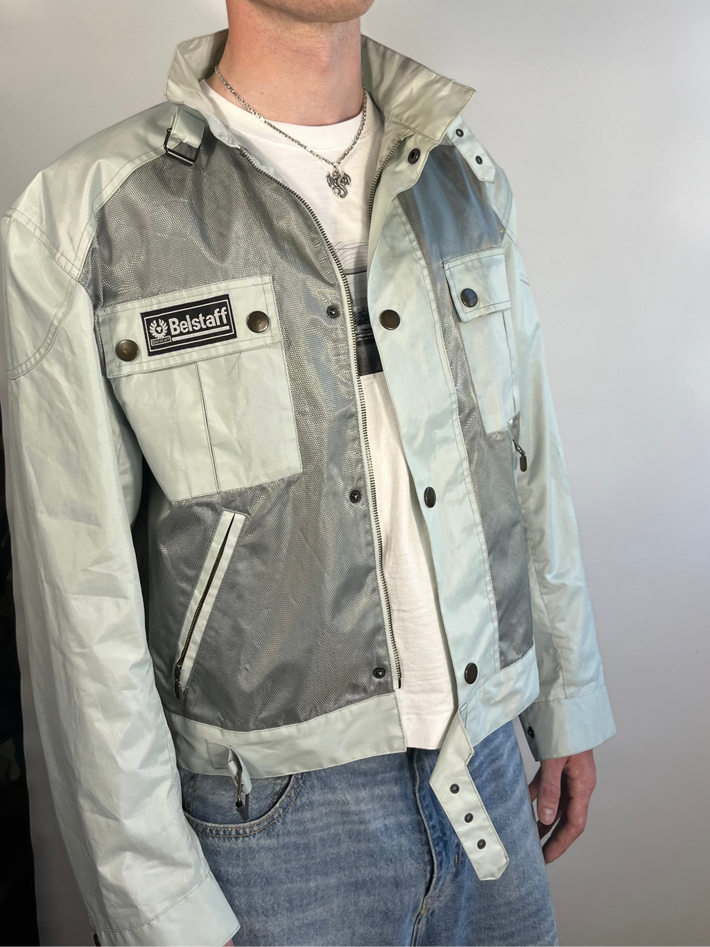 light blue/silver belstaff cropped bikerjacket XL