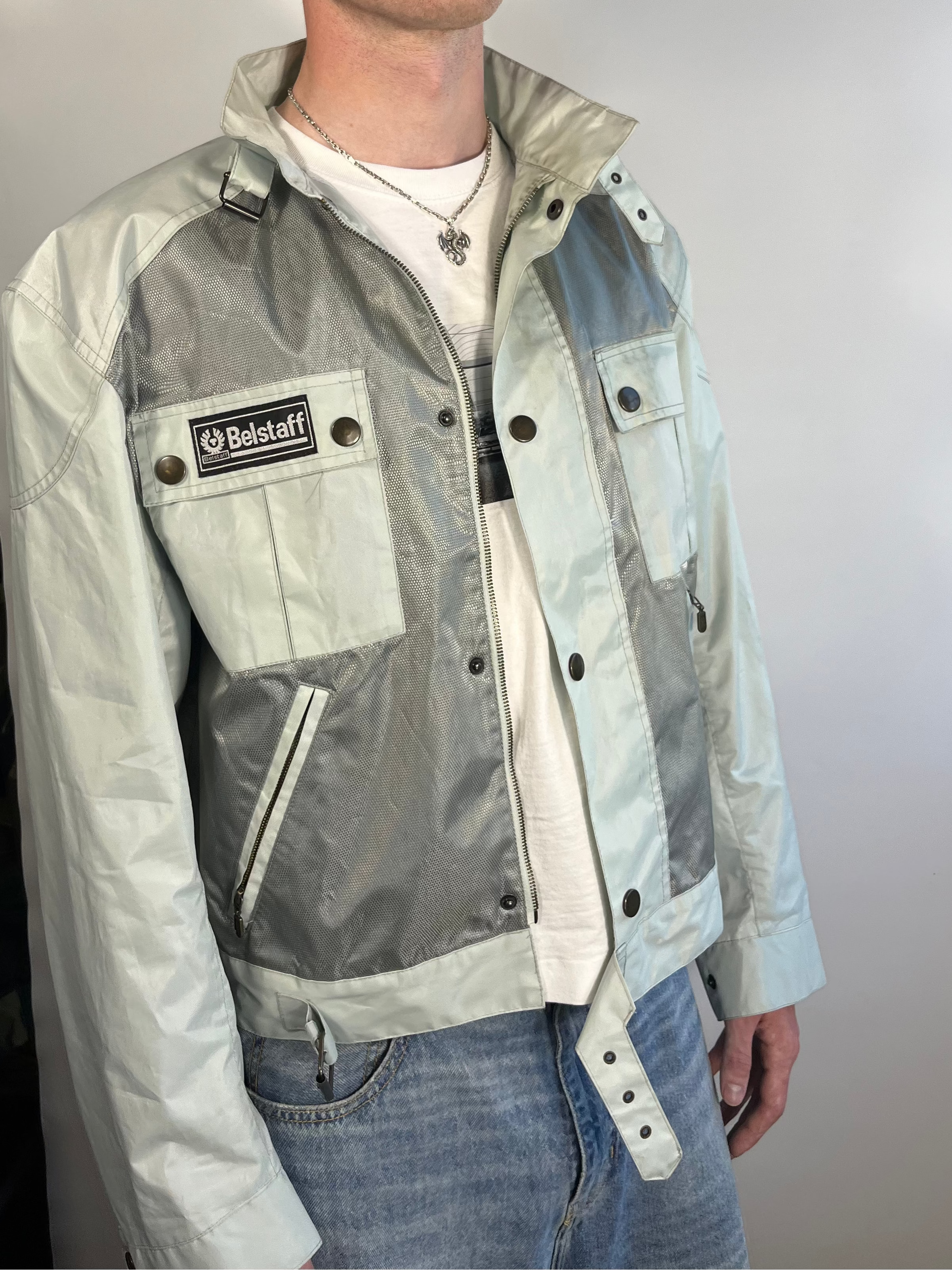 light blue/silver belstaff cropped bikerjacket XL