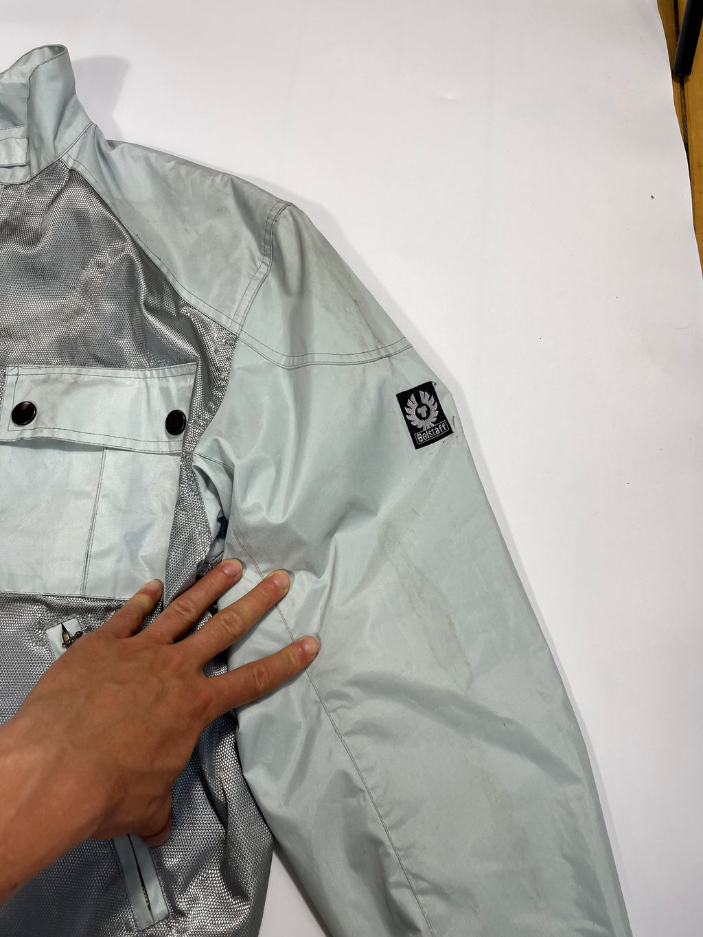 light blue/silver belstaff cropped bikerjacket XL