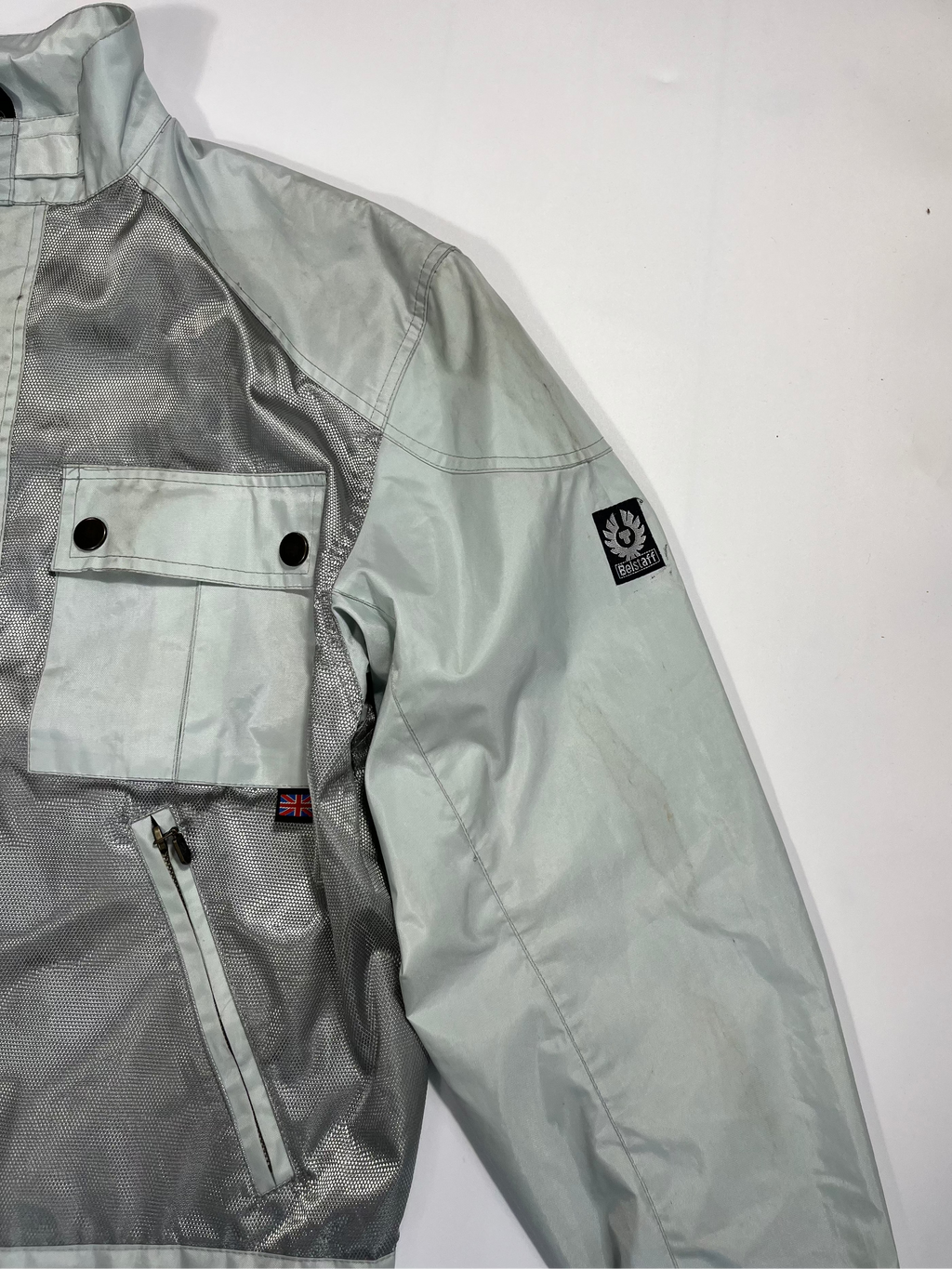 light blue/silver belstaff cropped bikerjacket XL